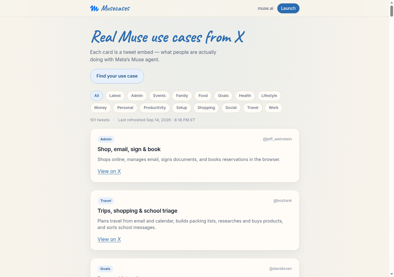 Musecases — The 20 tasks people ask Meta Muse to do most often, counted from 524 real use cases.